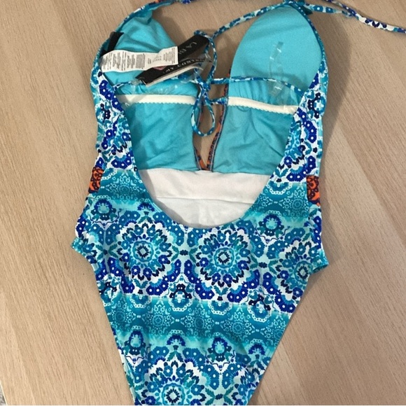 NWT La Blanca Size 10 Blue and Orange One Piece Swimsuit w/ Plunging V-Neckline - Picture 7 of 12
